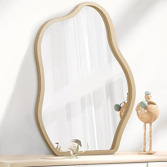 Irregular Mirror for Wall Gold Modern Asymmetrical Large Mirror Wooden Framed Hanging Wall Mirror Unique Shape Vanity Cloud Mirror Decor Decorative for Bedroom Bathroom Living Room Entryway