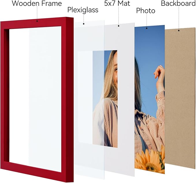 Vittanly 8x10 Picture Frame Set of 4, Display Pictures 5x7 with Mat or 8x10 without Mat, Gallery Wall Frame Set for Wall or Tabletop Display, Engineered Wood with Shatter Resistant Plexiglass, Red