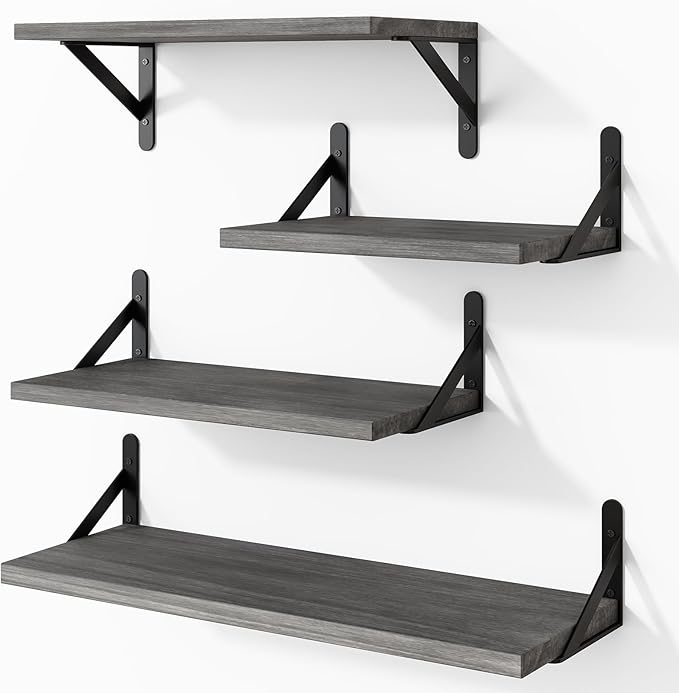 YGEOMER Floating Shelves for Wall, Different Sizes Weathered Gray Wall Shelves for Living Room, Bathroom, Bedroom, Kitchen, Home Decor (Set of 4)