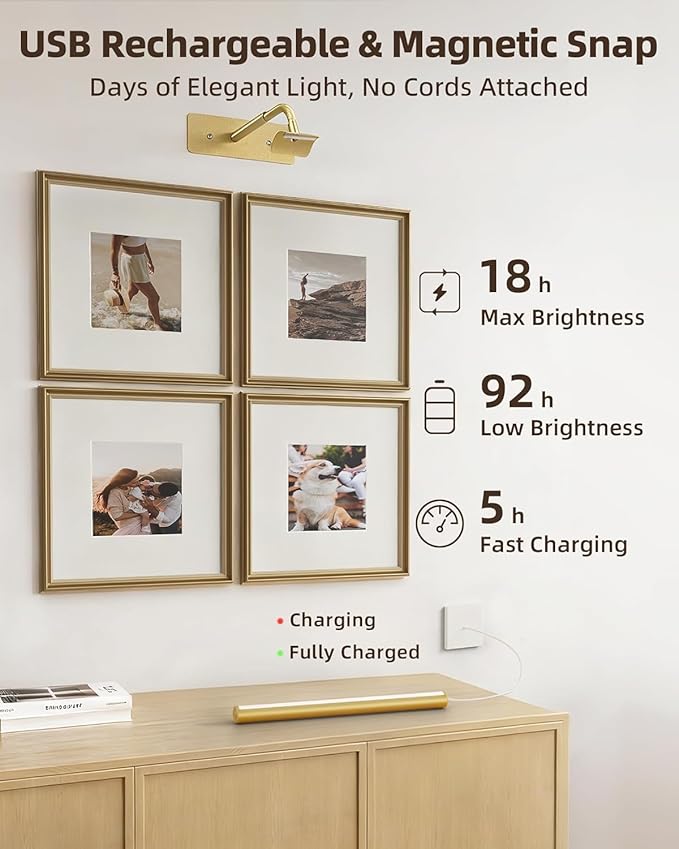 EZVALO 16'' Picture Lights for Wall, Rechargeable 6000mAh Painting Lights with Remote, Wireless Dimmable 3 Color Temperatures Art Lights for Gallery, Living Room, Hallway (Gold, 3 Pack)