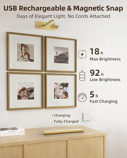 EZVALO 16'' Picture Lights for Wall, Rechargeable 6000mAh Painting Lights with Remote, Wireless Dimmable 3 Color Temperatures Art Lights for Gallery, Living Room, Hallway (Gold, 3 Pack)