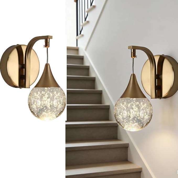 LED Wall Sconces Dimmable, Modern Crystal Wall Sconce Indoor, Bubble Wall Light for Bedroom Bathroom Living Room Dining Room Hallway, Brass