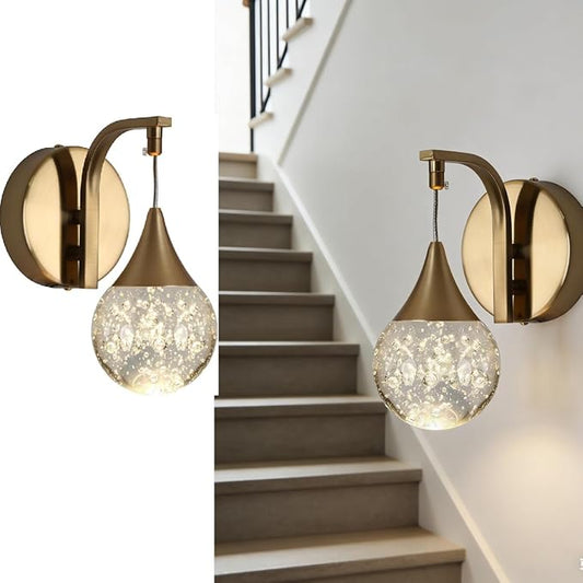 LED Wall Sconces Dimmable, Modern Crystal Wall Sconce Indoor, Bubble Wall Light for Bedroom Bathroom Living Room Dining Room Hallway, Brass