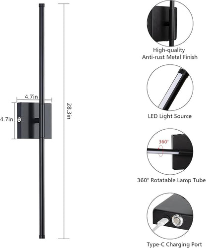 Battery Operated Wall Sconce Set of 2, Wall Sconces 3000K-6000K Dimmable Rechargeable Wall Sconce with Remote Control, 350°Rotate LED Wireless Wall Lights for Living Room, Hallway, Bedroom(Black)