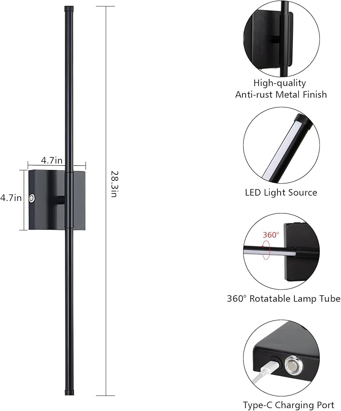 Wall Sconces Battery Operated, Wall Sconces 3000K-6000K Dimmable Rechargeable Wall Sconce with Remote Control, 350°Rotate LED Wireless Wall Lights for Living Room, Hallway, Bedroom(Black)