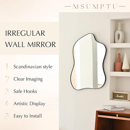 Irregular Wall Mirror Black Wave Shaped Metal Framed Wall Mirror for Bathroom Bedroom Entryway Living Room Wall Decor 28" L x 20" W 2304B