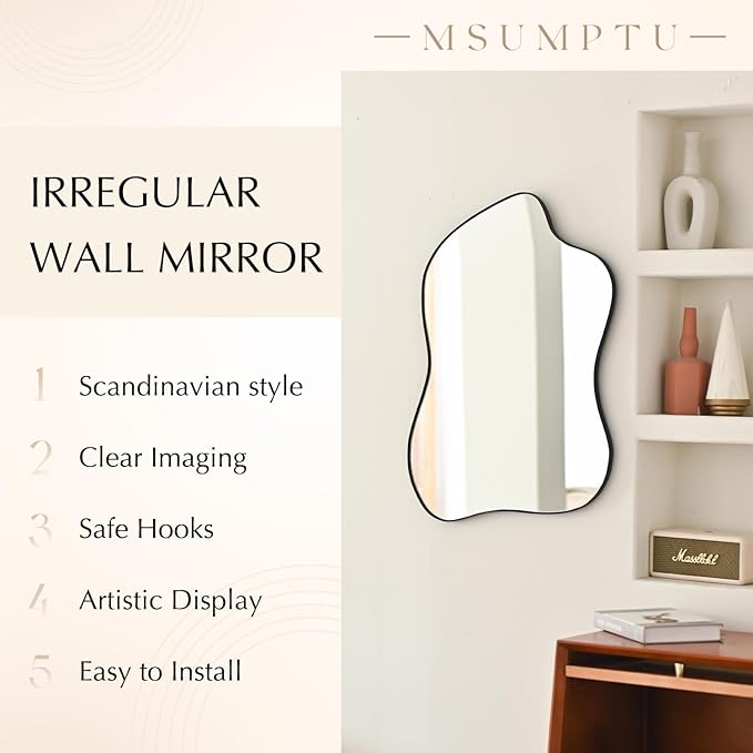 Irregular Wall Mirror Black Wave Shaped Metal Framed Wall Mirror for Bathroom Bedroom Entryway Living Room Wall Decor 24