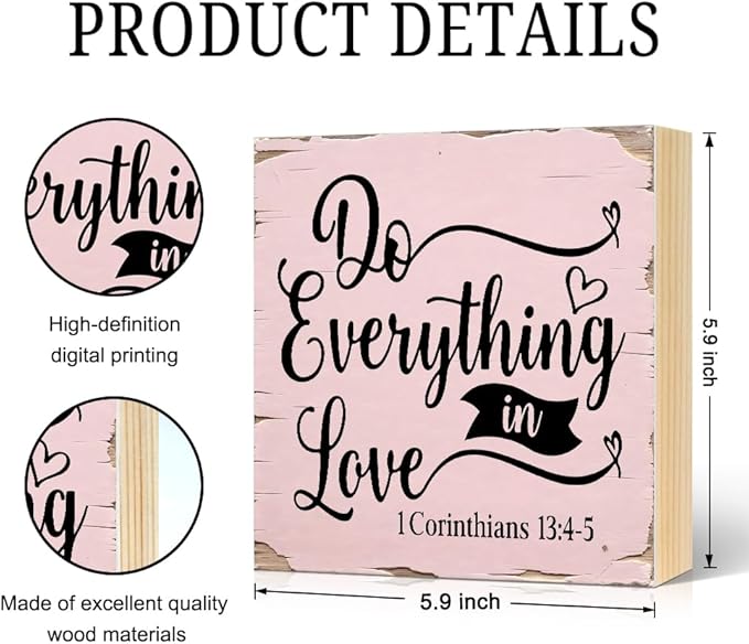 Do Everything In Love Corinthians 13:4-5 Bible Verse Wood Block Plaque Box Sign for Home Living Room Coffee House Bar Shelf Table Office Decoration, Valentine's Day Housewarming Home Decor