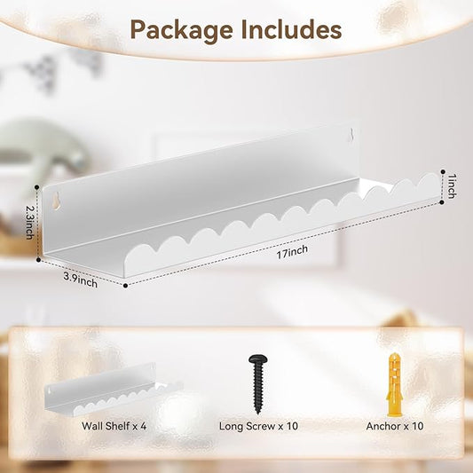 Nursery Book Shelves, 17 Inch Metal Floating Shelves for Wall 4 Pack, Scalloped Shelves, Wall Mounted Book Shelf for Kids Bedroom, Baby Room, Nursery Decor (White)