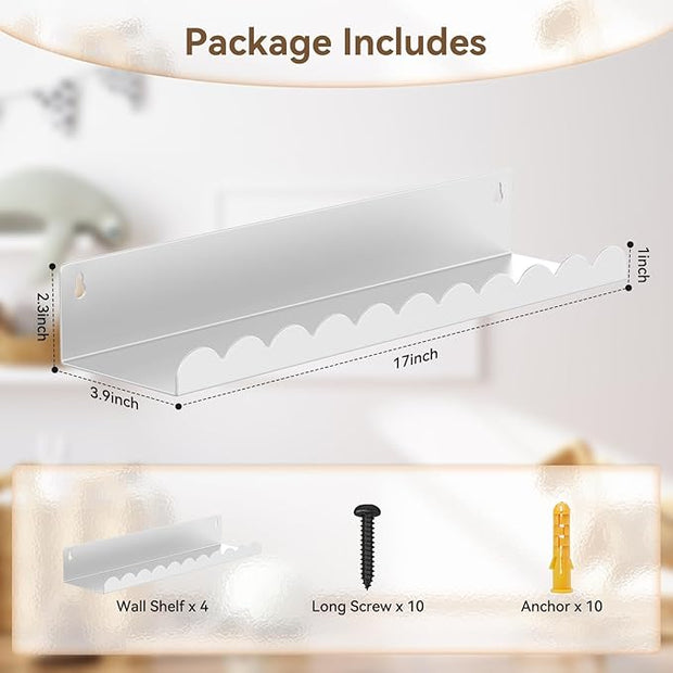 Nursery Book Shelves, 17 Inch Metal Floating Shelves for Wall 4 Pack, Scalloped Shelves, Wall Mounted Book Shelf for Kids Bedroom, Baby Room, Nursery Decor (White)