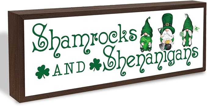 St Patricks Day Wooden Table Sign, Shamrocks and Shenanigans Sign, Irish Gnome Decors, St. Patrick's Day Fun Decor for Home Cafe Shop Coffee Bar, Farmhouse Table Shelf Decoration, 9.5x3.1x1 inches