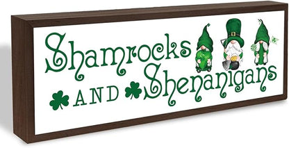 St Patricks Day Wooden Table Sign, Shamrocks and Shenanigans Sign, Irish Gnome Decors, St. Patrick's Day Fun Decor for Home Cafe Shop Coffee Bar, Farmhouse Table Shelf Decoration, 9.5x3.1x1 inches