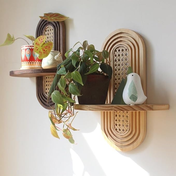 Arch Rattan Floating Shelf, Mid-Century Wood Wall Mounted, Bohemian Hanging Shelf, Modern Rattan Wall Shelf, Arch Wall Decor for Bedroom Living Room Display(Nature)