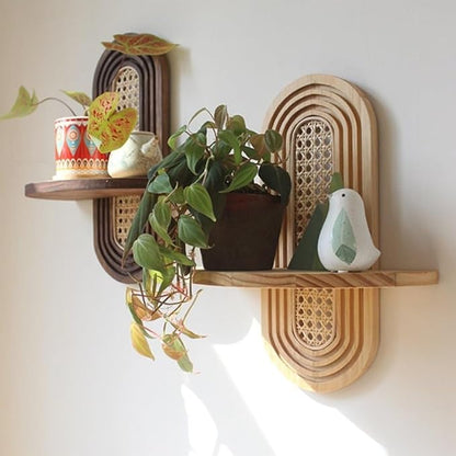 Arch Rattan Floating Shelf, Mid-Century Wood Wall Mounted, Bohemian Hanging Shelf, Modern Rattan Wall Shelf, Arch Wall Decor for Bedroom Living Room Display(Brown)