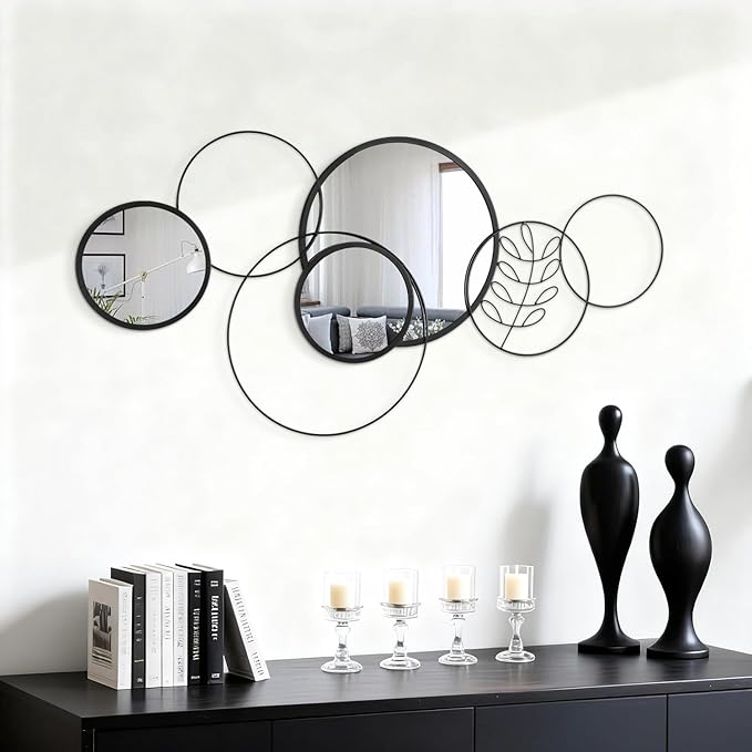 4 PCS Round Wall Mirror,Black Metal Framed Circle Mirror Set Modern Decorative Mirrors for Living Room Bedroom Entryway Bathroom 16x32 Inch Home Decor