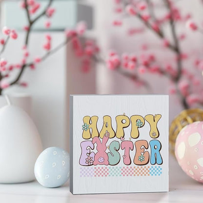 Happy Easter Sign Peeps Decorations Easter Table Decor Spring Decor Wooden Box Sign for Home Office Bedroom Living Room Desk Shelves