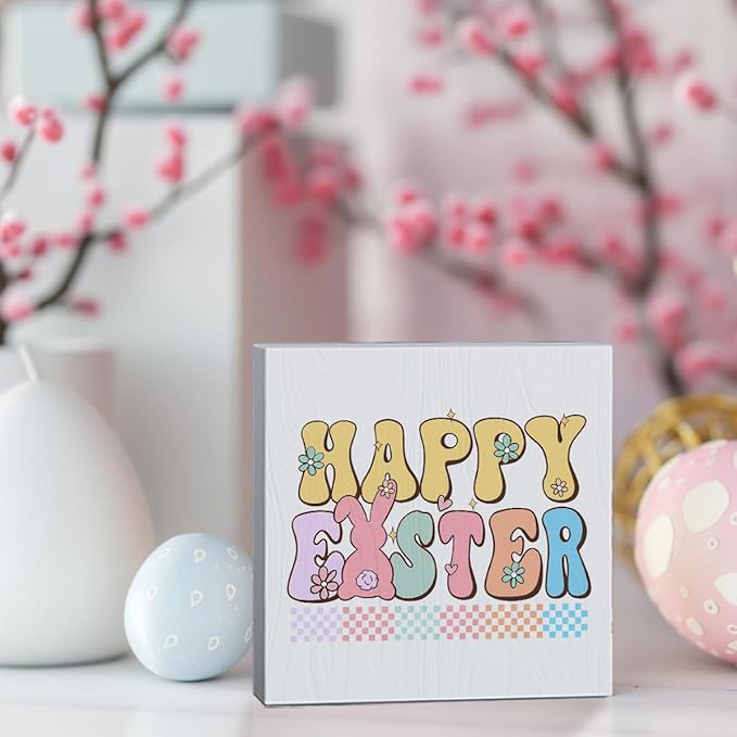 Happy Easter Sign Peeps Decorations Easter Table Decor Spring Decor Wooden Box Sign for Home Office Bedroom Living Room Desk Shelves