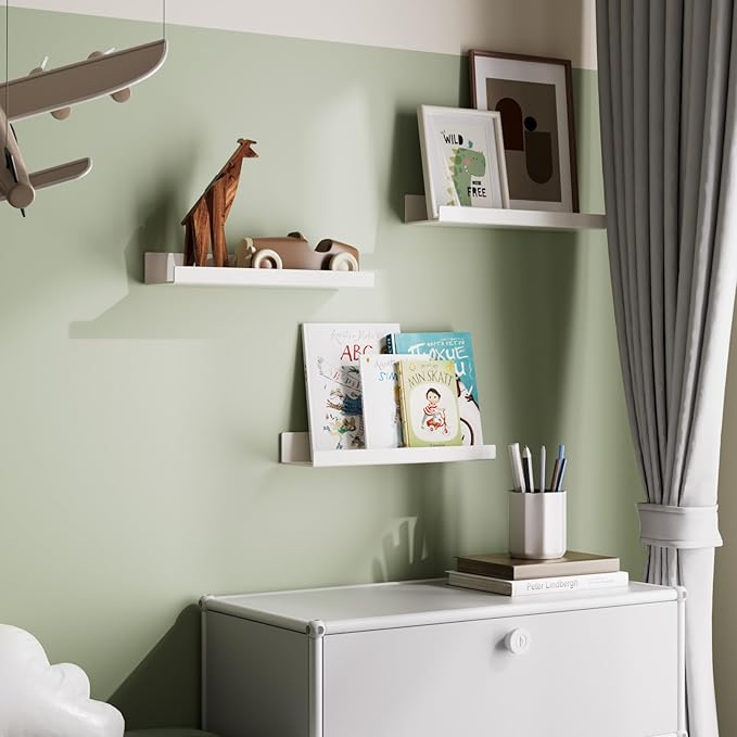Albumgit 2 Pack Acrylic Shelves for Wall Storage, Self-Adhesive 15" White Floating Shelf for Figures, Photo, Makeup, Book, Wall Mounted Shelves for Bathroom, Living Room, Bedroom, Kitchen