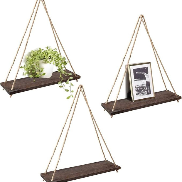 Mkono Wood Hanging Shelves for Wall Boho Decor Swing Rope Rustic Floating Shelf, Set of 3 Wall Display Shelving Home Organizer Rack for Living Room Bedroom Bathroom Kitchen,Brown