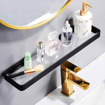 15.7" Bathroom Wall Shelf, Black Shower Caddy Shelves with Tempered Glass, Bathroom Shelves Wall Mounted, Rectangle Glass Shelf for Shower Organization and Storage (1 Tier)