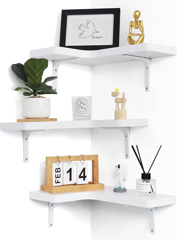 fuqing Corner Floating Shelves, Wall Shelf Set of 3, Shelves for Wall Storage, Solid Wood Shelves for Storage, Wall Mount Wooden Display Shelf for Bathroom Bedroom Kitchen Garage, White