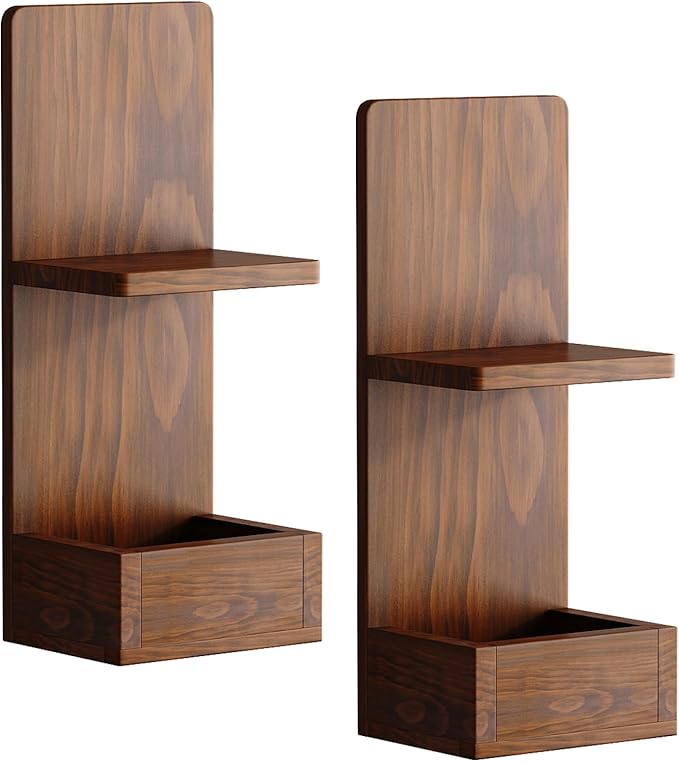 2-Tier Walnut Floating Wall Shelf, 20x8x6 Wall-Mounted Wooden Beside Shelf/Nightstand for Home Décor, Plants, Cosmetics, Bathroom, Kitchen, Bedroom Storage (Walnut with Box)
