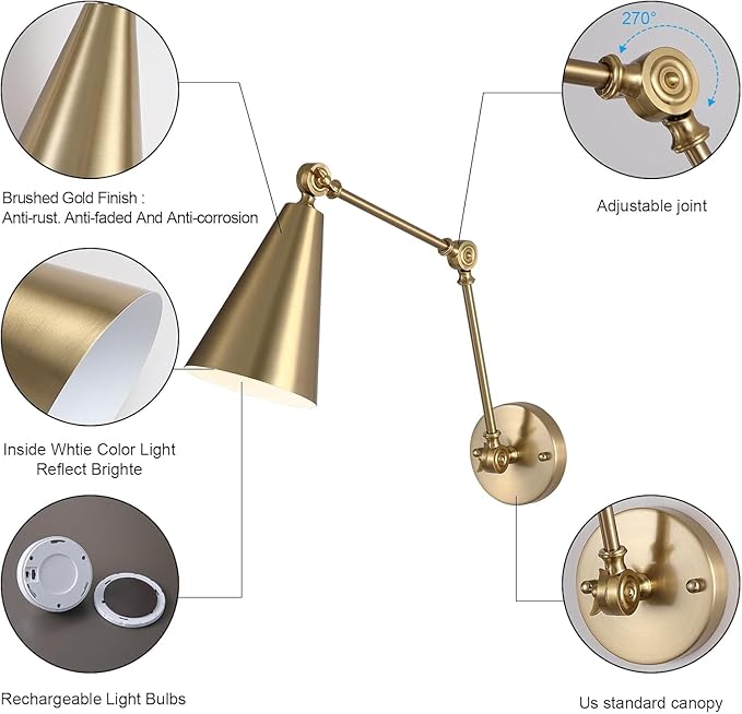MWZ Gold Battery Operated Swing Arm Wall Sconces Set of 2,Wireless Rechargeable Dimmable 3 Color Wall Light with Remote,Cone Indoor Light Fixture for Bedside,Kitchen,Hallway,Living Room,Reading
