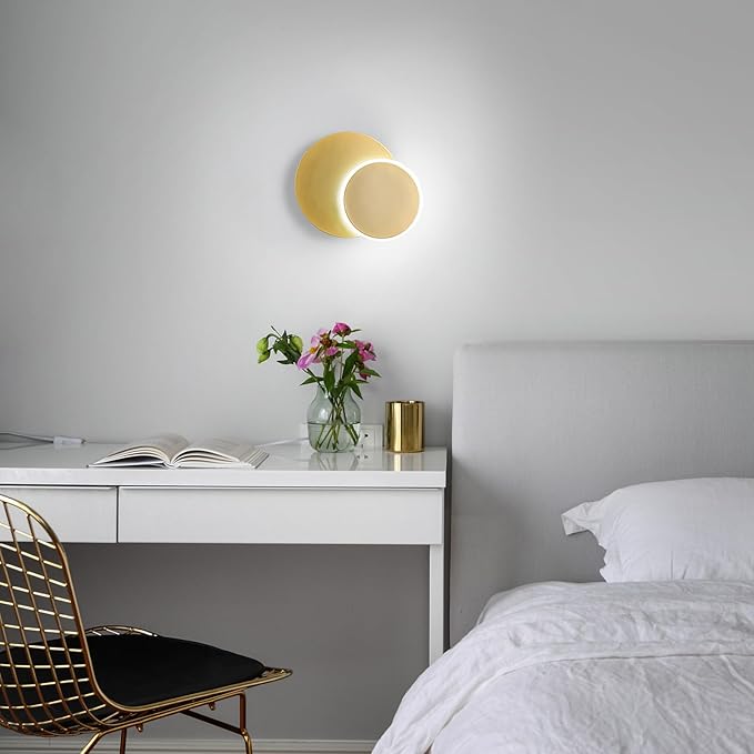 Modern LED Gold Wall Sconces Set of Two Acrylic Wall Lights Lighting Fixture 6000K White Light 8W Dimmable Wall Lamp Round Sconces Wall Lighting for Indoor Bedroom Bedside Hallway