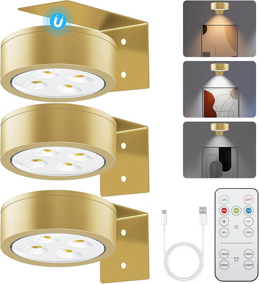 Picture Lights for Wall, 3 Lighting Modes Magnetic Art Display Light,Rechargeable Battery Operated Led Painting Light with Remote Control Dimmable & Timer,3Pack Gold
