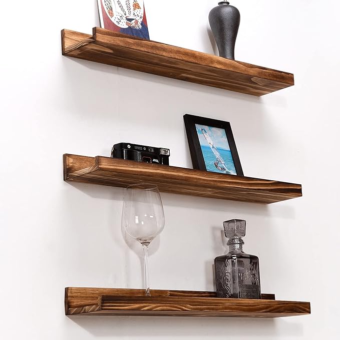 MBYD 24 Inch Carbonized Black Floating Shelves, Handmade Carbonized Black Wooden Picture Ledge Wall Shelf for Bedroom, Living Room, Office, Kitchen, Set of 3 Same Dimensions