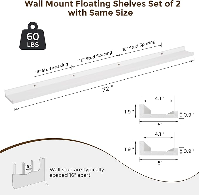 Floating Shelves for Wall, 72 inch Solid Wood Picture Ledge Shelf for Wall Storage, Nursery Book Shelves with Lip for Living Room Bathroom Bedroom Kitchen, Set of 2, Washed White