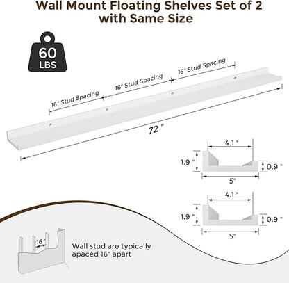 Floating Shelves for Wall, 72 inch Solid Wood Picture Ledge Shelf for Wall Storage, Nursery Book Shelves with Lip for Living Room Bathroom Bedroom Kitchen, Set of 2, Washed White