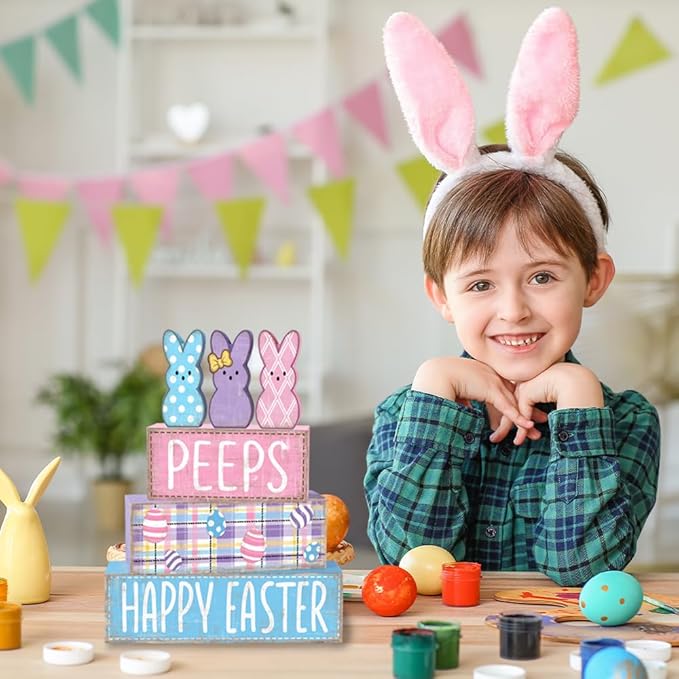 DIYDEC 6Pcs Easter Tabletop Decorations Colorful Bunny Wooden Block Signs Gift Rustic Tiered Tray Decor Happy Easter Centerpiece Farmhouse Wood Rabbit Table Sign for Kitchen Home Office Party Decor