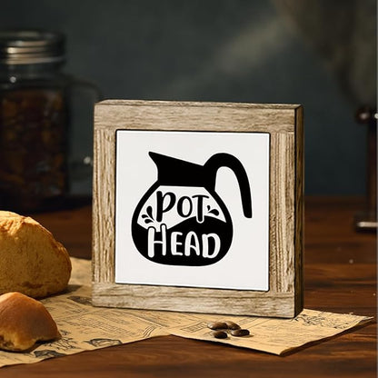 Coffee Bar Wooden Sign, Pot Head Decoration, Farmhouse Cafe Wood Sign, Square Wood Block Signs Table Decor for Coffee Bar Corner Shop Kitchen Dining Room, Funny Cafe Decor