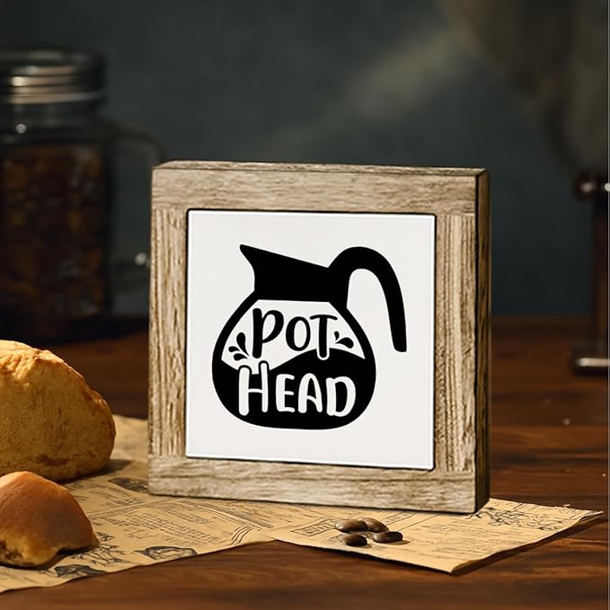 Coffee Bar Wooden Sign, Pot Head Decoration, Farmhouse Cafe Wood Sign, Square Wood Block Signs Table Decor for Coffee Bar Corner Shop Kitchen Dining Room, Funny Cafe Decor