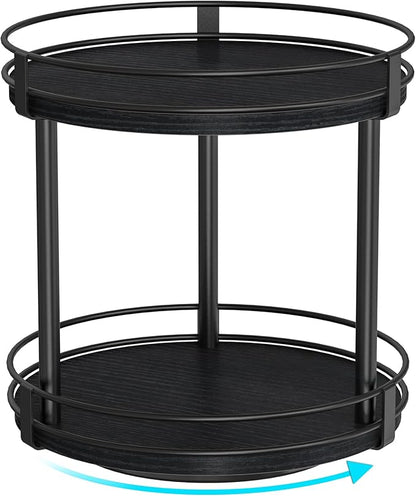 Snughome Lazy Susan Spice Rack, 2 Tier Rotating Spice Rack, Wood Lazy Susan Organizer for Cabinet, Black Kitchen Counter Shelf, 10.2" x 10.2" x 10.4"