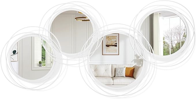 White Round Mirror Set, 4 PCS Wall Mounted Mirror Circle Metal Framed Modern Mirrors for Living Room Bedroom Entryway, 16x32 Inch Decor