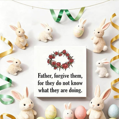 Christian Easter Decor Wooden Bible Verse Sign Father Forgive Them, Religious Crown of Thorns Design, Rustic Farmhouse Wall Desk Shelf Decoration