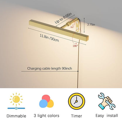 4W Plug in Picture Light for Paintings with Remote Control, 12" LED Art Display Lighting for Gallery, Dartboard, Artwork, Gold Wall Mounted Picture Frame Light
