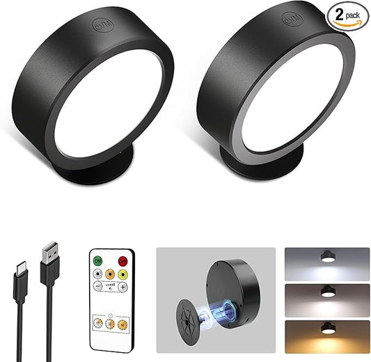 EZVALO LED Wall Mounted Light, 3000mAh Rechargeable Cordless Wall Sconce, Dimmable with Remote & Touch Control, 3 Color Temps, 360° Rotatable for Bedroom, Bedside, Reading (Black, 2 Pack)