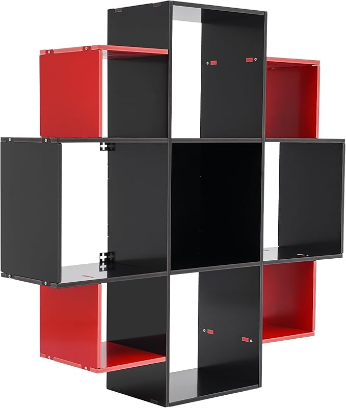 Wall Bookcase 3-Tiers 9 Compartment Floating Shelf Unique Bookshelf Decorative Wall Shelf Bookcase Storage Shelves for Bedroom Hold Up to 66.1 lbs (Black, Red)