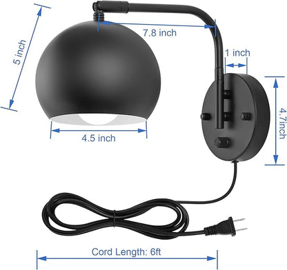 Wall Sconce with Remote Control, Dimmable Plug in Wall Sconces and Adjustable Color Temperature 2700K~6000K, Globe Swing Arm Wall Lights with Plug in Cord(2 Pack, 2 Bulbs)