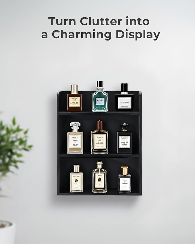 3-Tier Trinket Display Shelf for Wall or Countertop, Small Knick-Knack Rack Shelf for Collectibles, Perfume & Spice Village Organizer, Black