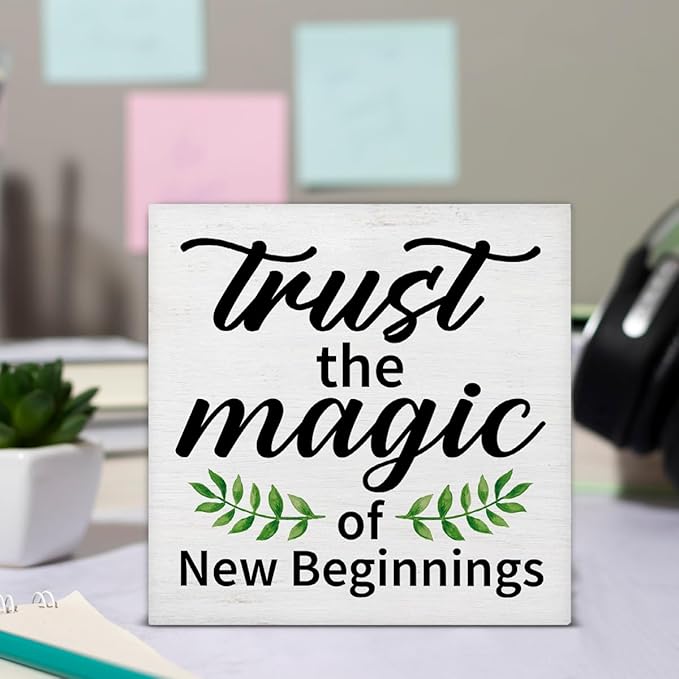 Inspirational Desk Decor New Beginnings Gift for Women Men, Rustic Trust the Magic of New Beginnings Wooden Sign Decorations for Home Office Desk Shelf Table 5 x 5 Inches