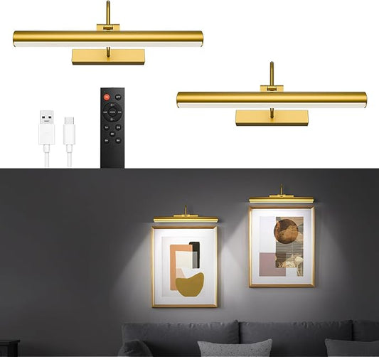 13'' Picture Light for Wall, 5200 mAh Battery Operated Picture Light with Remote & Timer for Wall Art - 3 CCT Dimmable LED, Brass Finish