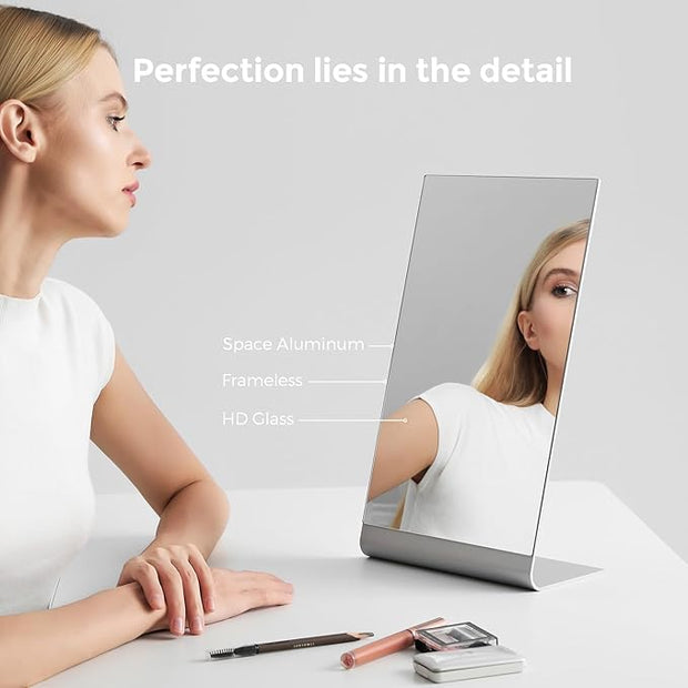 Frameless Makeup Mirror for Desk, 15 x 8.5 Inch Aluminum Standing Table Mirror, Large Counter Top Mirror
