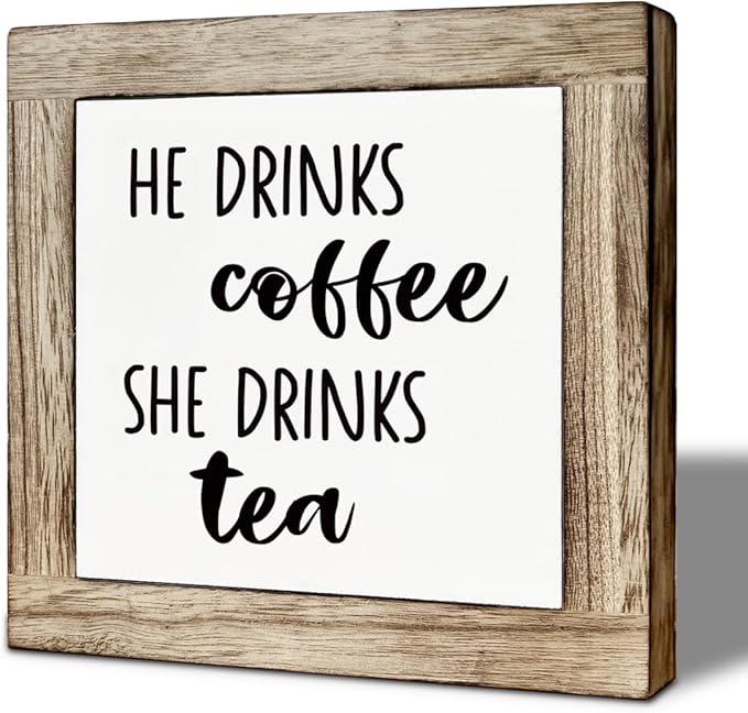 He Drinks Coffee She Drinks Tea Wooden Box Sign, Coffee Bar Sign, Rustic Home Kitchen Shelf Tabletop Decoration, Farmhouse Cafe Signs for Kitchen Decorations 5.9X5.9 Inches