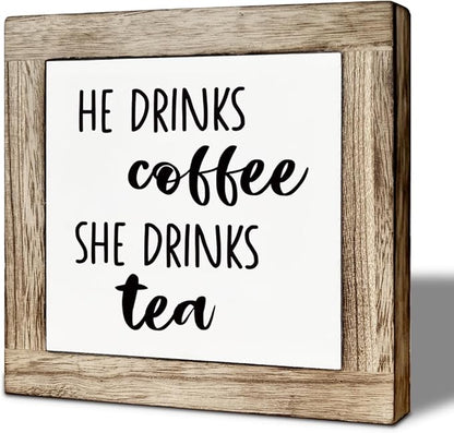 He Drinks Coffee She Drinks Tea Wooden Box Sign, Coffee Bar Sign, Rustic Home Kitchen Shelf Tabletop Decoration, Farmhouse Cafe Signs for Kitchen Decorations 5.9X5.9 Inches