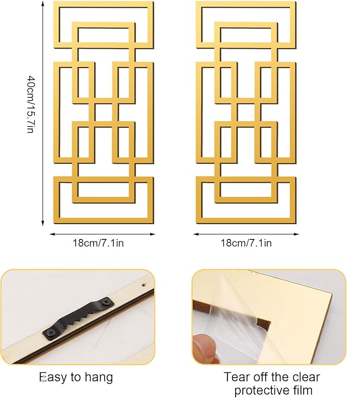 2 Piece Gold Rectangular Wall Mirrors, 15.7×7 Inch Geometric Wooden Frame Acrylic Wall-Mounted Modern Mirror Decor for Bathroom Bedroom Living Room Office Farmhouse Home Decorations