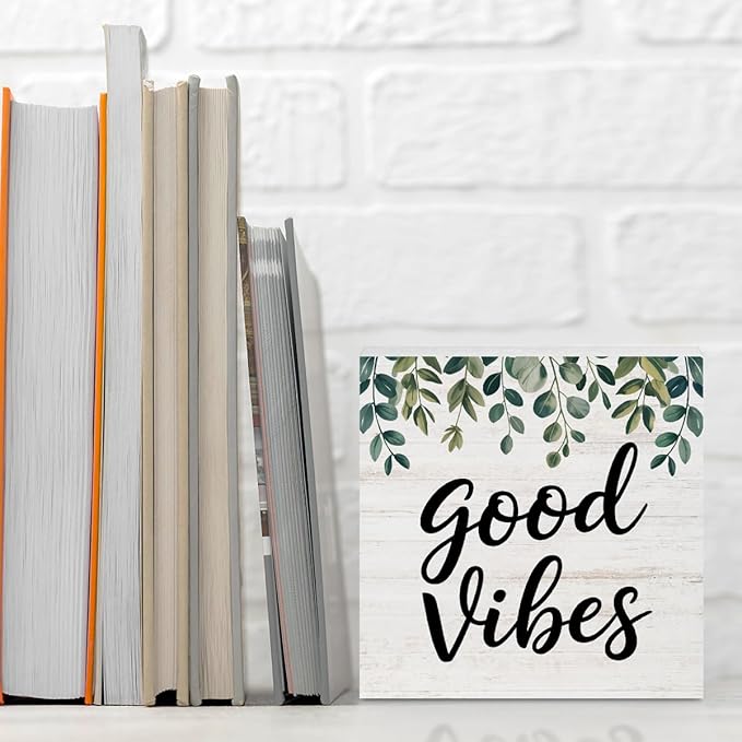 Botanical Eucalyptus Leaves Wood Box Sign Desk Decor, Good Vibes Rustic Eucalyptus Desk Decorative Signs for Home Office Table Shelf Cubicle Mental Health Wooden Block Box Sign